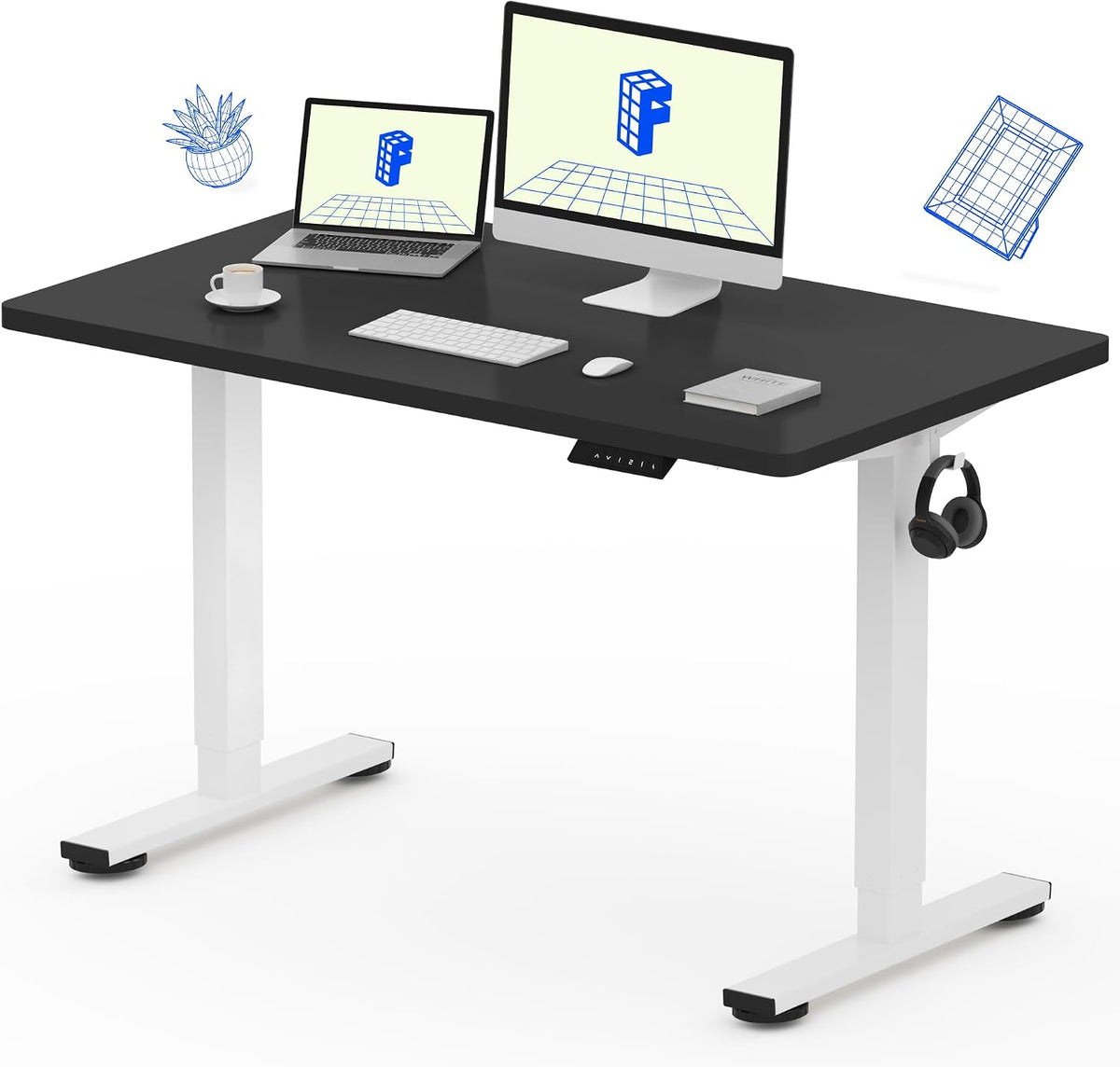 FLEXISPOT EN1 One-Piece Standing Desk with 1-Inch Thick Seamless Desktop, 48'x24' Electric Height Adjustable Desk for Home Office, Multi-Monitor Setups & Easy Assembly, Black