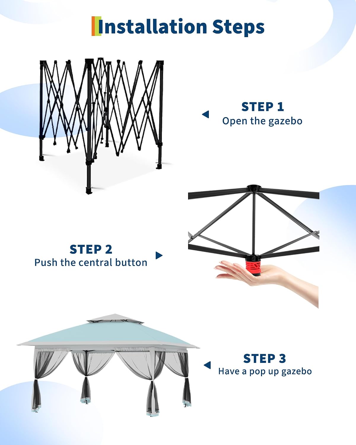 Canopy Tent 12x12 ft, Pop Up Gazebo One-Push Setup with 4 SandBags for Backyard Parties and BBQs, Mosquito Netting & Height Adjustable - Lake Blue