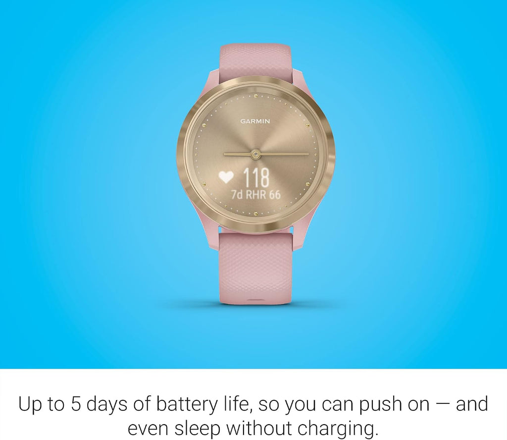 Garmin vivomove 3s, Smaller-Sized Hybrid Smartwatch with Real Watch Hands and Hidden Touchscreen Display, Light Gold with Rose Case and Band