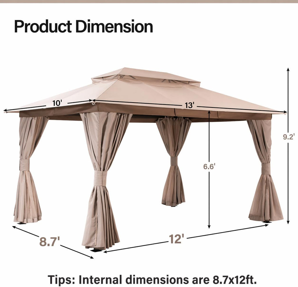 LAUSAINT HOME 10'x13' Outdoor Gazebo, Upgraded Metal Frame Heavy Duty Patio Canopy Tent Shelter with Double Roofs, Mosquito Nettings and Privacy Screens for Backyard, Garden, Lawn, Khaki