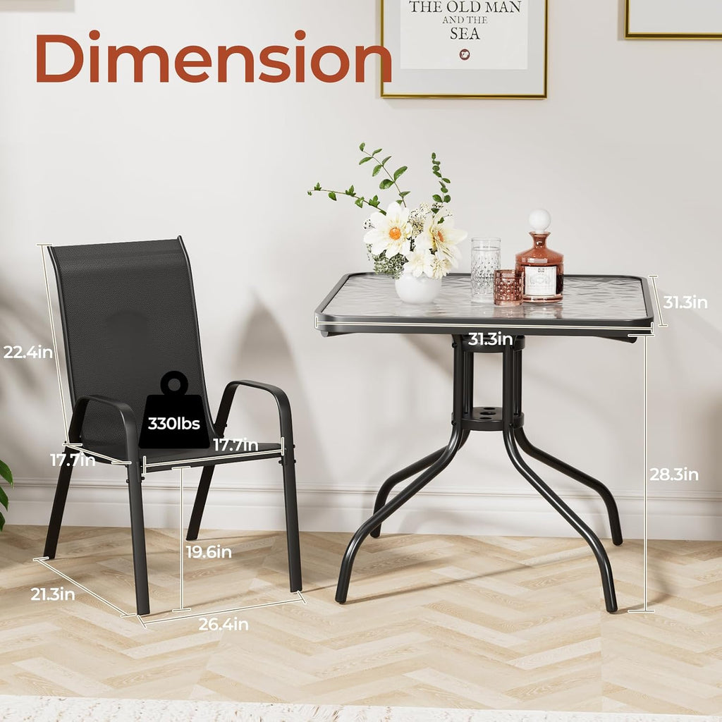 TLSUNNY Patio Dining Set 5 Pieces, All Weather Outdoor Furniture W/30'X 30' Table and 4 Stackable Textilene Chairs, Metal Table and Chairs for Lawn, Garden, Poolside, Backyard (Umbrella not Included)