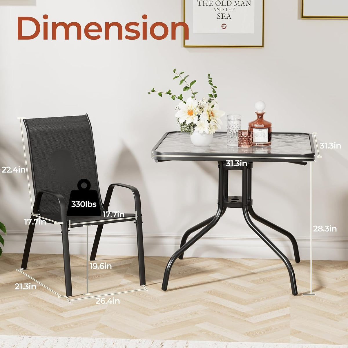 TLSUNNY Patio Dining Set 5 Pieces, All Weather Outdoor Furniture W/30'X 30' Table and 4 Stackable Textilene Chairs, Metal Table and Chairs for Lawn, Garden, Poolside, Backyard (Umbrella not Included)