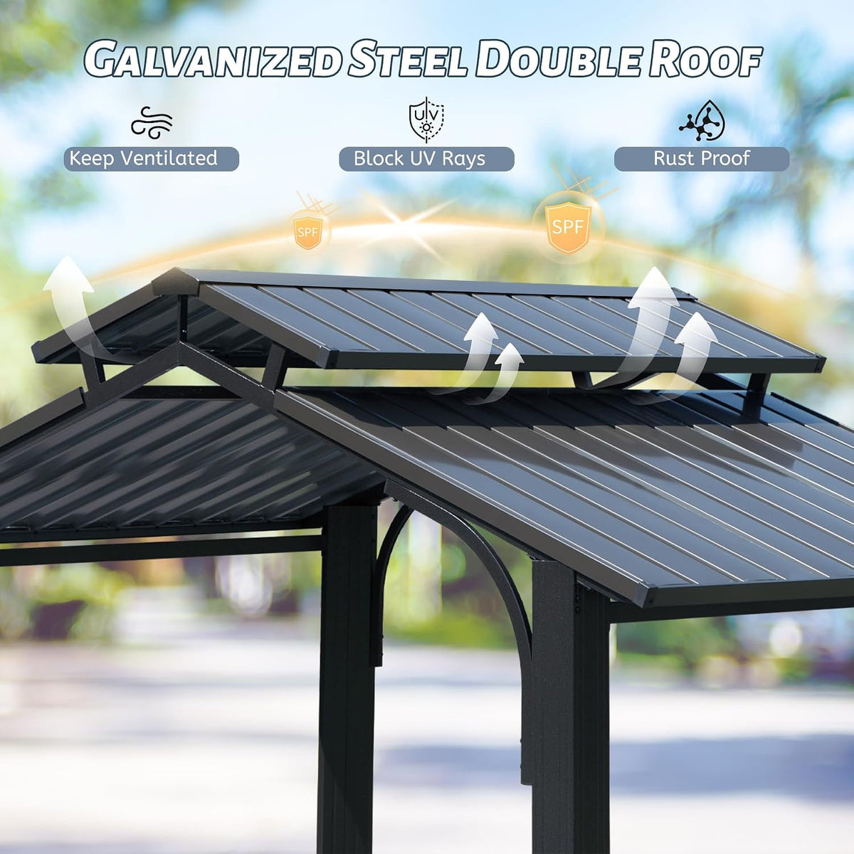 8x5FT Hardtop Grill Gazebo, All-Weather Outdoor Gazebo with 2 Side Shelves and Ceiling Hook, Galvanized Steel Double Roof, Outdoor Metal Grill Canopy for Patio, Backyard, Lawn, Deck – Grey