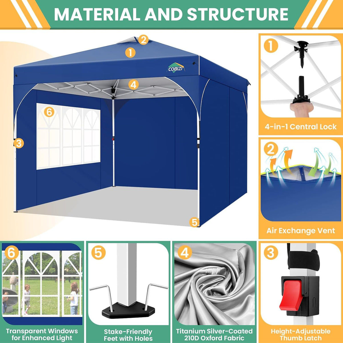 COBIZI 10x10 Pop up Canopy, Canopy Tent 10x10 with 3 Sidewalls, 1 Person Easy Set up，Tents for Parties, Outdoor Tent with Fluorescent Strip & 4 Sandbags, Waterproof, 3 Adjustable Height（Dark Blue）