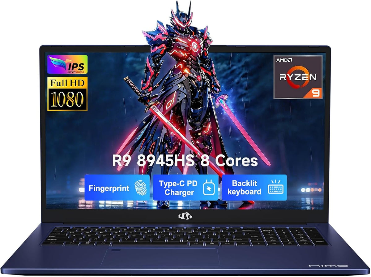 NIMO 17.3 Gaming-Laptop Ryzen 9 8945HS (Beat i9-13900H, Up to 5.2GHz) 16GB RAM, 1TB SSD, Radeon 780M, PD 100W Type-C AI-Enhanced for Copilot VR Ready, Backlit Keyboard, Fingerprint