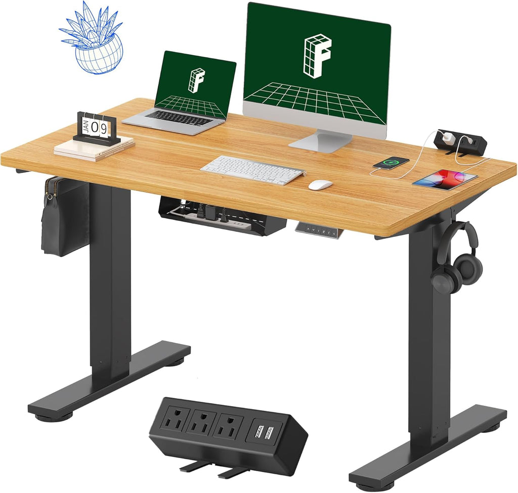 FLEXISPOT EN2 Whole-Piece Standing Desk with Clamp Power Strip, 48 x 24'' Electric Stand Up Height Adjustable Desk with Cable Management (Black Frame + 48' Maple Desktop, 2 Packages)