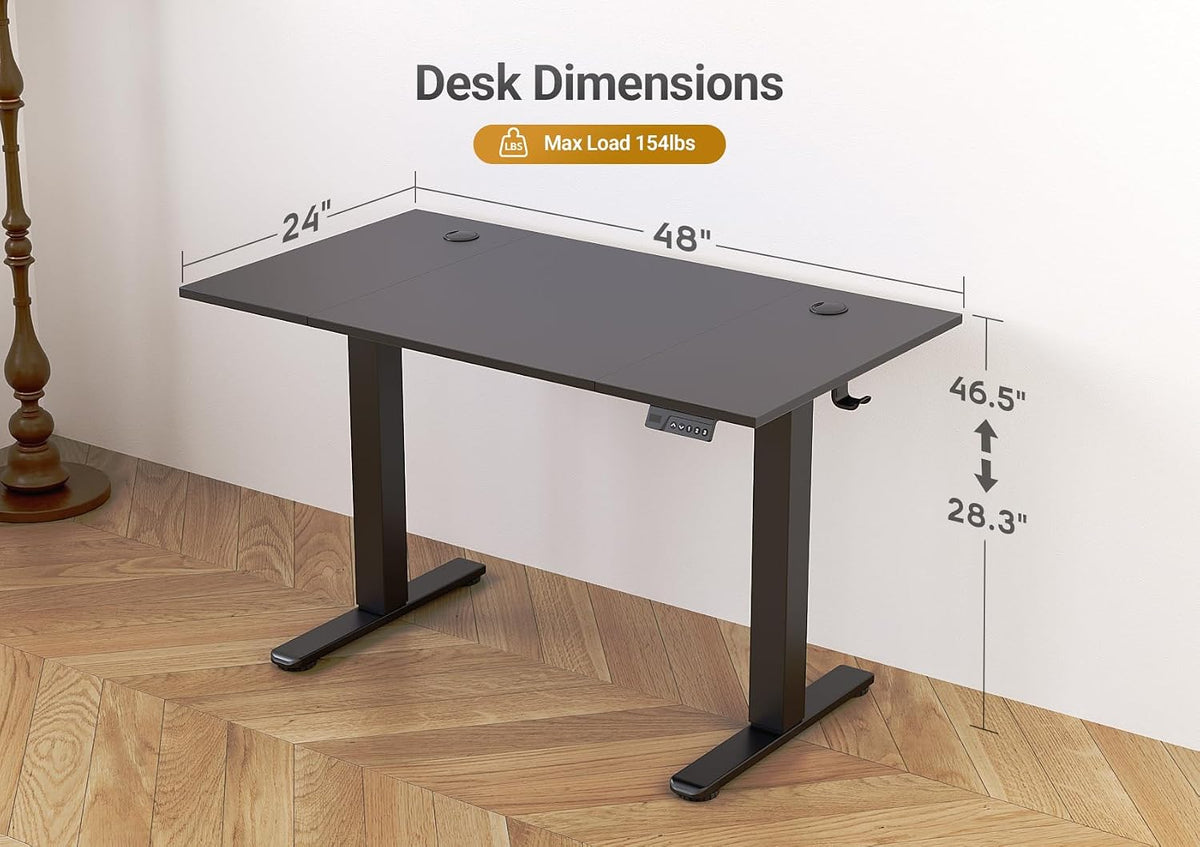 Seang Electric Standing Desk Adjustable Height, 48 x 24 Inch Sit Stand Desk with T-Shaped Frame, 3 Memory Presets & Cable Management for Home Office Computer Workstation, Black Frame/Black Top