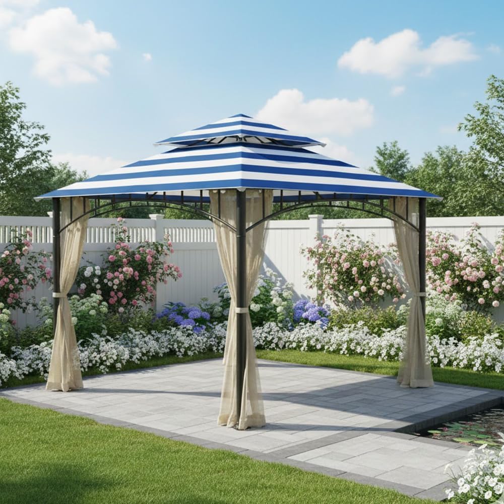 Garden Winds Durable 350 Replacement Canopy Top Compatible with Madaga 10' x 10' Gazebo Models L-GZ136PST, L-GZ136PST-7, L-GZ136PST-2 - Cabana Blue