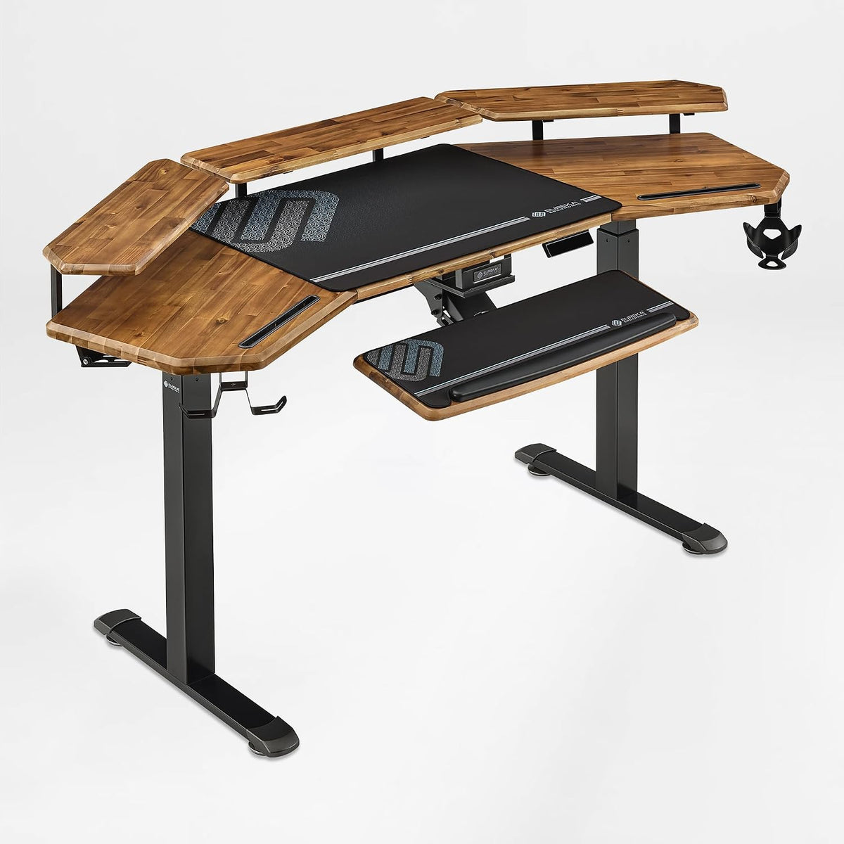 EUREKA ERGONOMIC Solid Wood Top Gaming Desk, 72' Dark Acacia Wood Wing-Shaped Studio Desk with Keyboard Tray, LED Shelves, Heavy-Duty Recording & Live Stream Desk