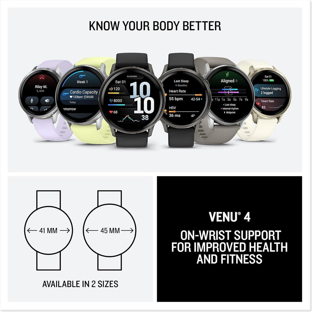 Garmin Venu 4 (41mm) GPS Smartwatch Silver with Periwinkle Silicone Band Bundle w/Deco Essentials Charging Dock, 3-Pack Dust Covers & 2-Pack 1.2' Screen Protectors