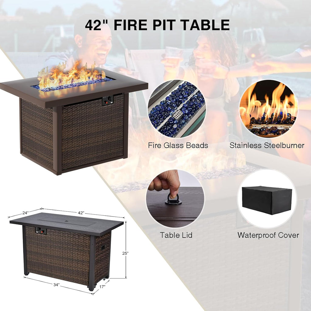 9 Pieces Outdoor Sectional Patio Furniture Set with Fire Pit Table PE Rattan Wicker Patio Sectional Armless Conversation Set with Cushions Grey