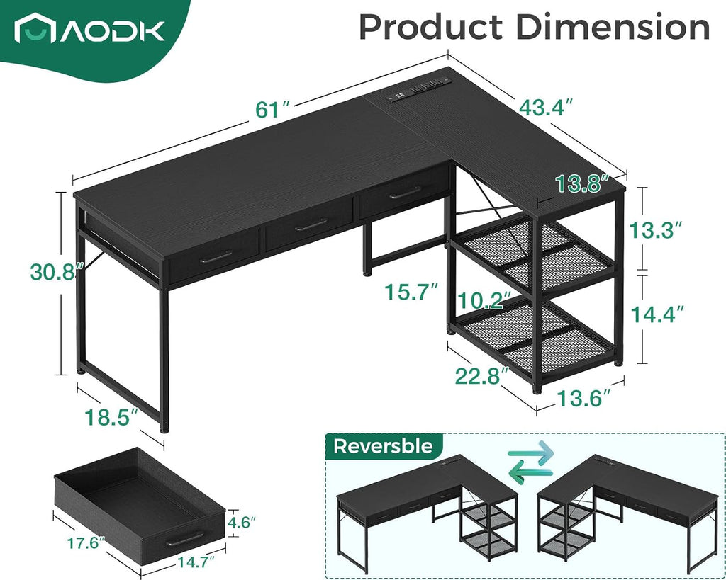AODK 61 Inch L Shaped Computer Desk with Drawers, Corner Desk with Power Outlets & Reversible Storage Shelves, for Home Office Gaming, Black