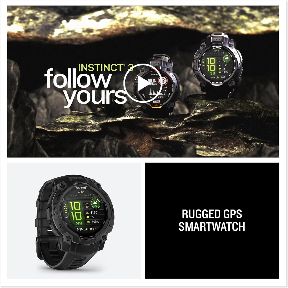 Garmin Instinct® 3 45mm, AMOLED Display, Rugged Outdoor GPS Smartwatch, Metal-Reinforced Bezel, Built-in Flashlight, Up to 18 Days of Battery Life, Black