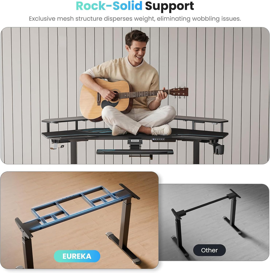 EUREKA ERGONOMIC Gaming Desk, Standing Desk w Keyboard Tray, 72' Wing Shaped Music Studio Table with LED Shelves, Gaming Recording Live Stream, Slot Design