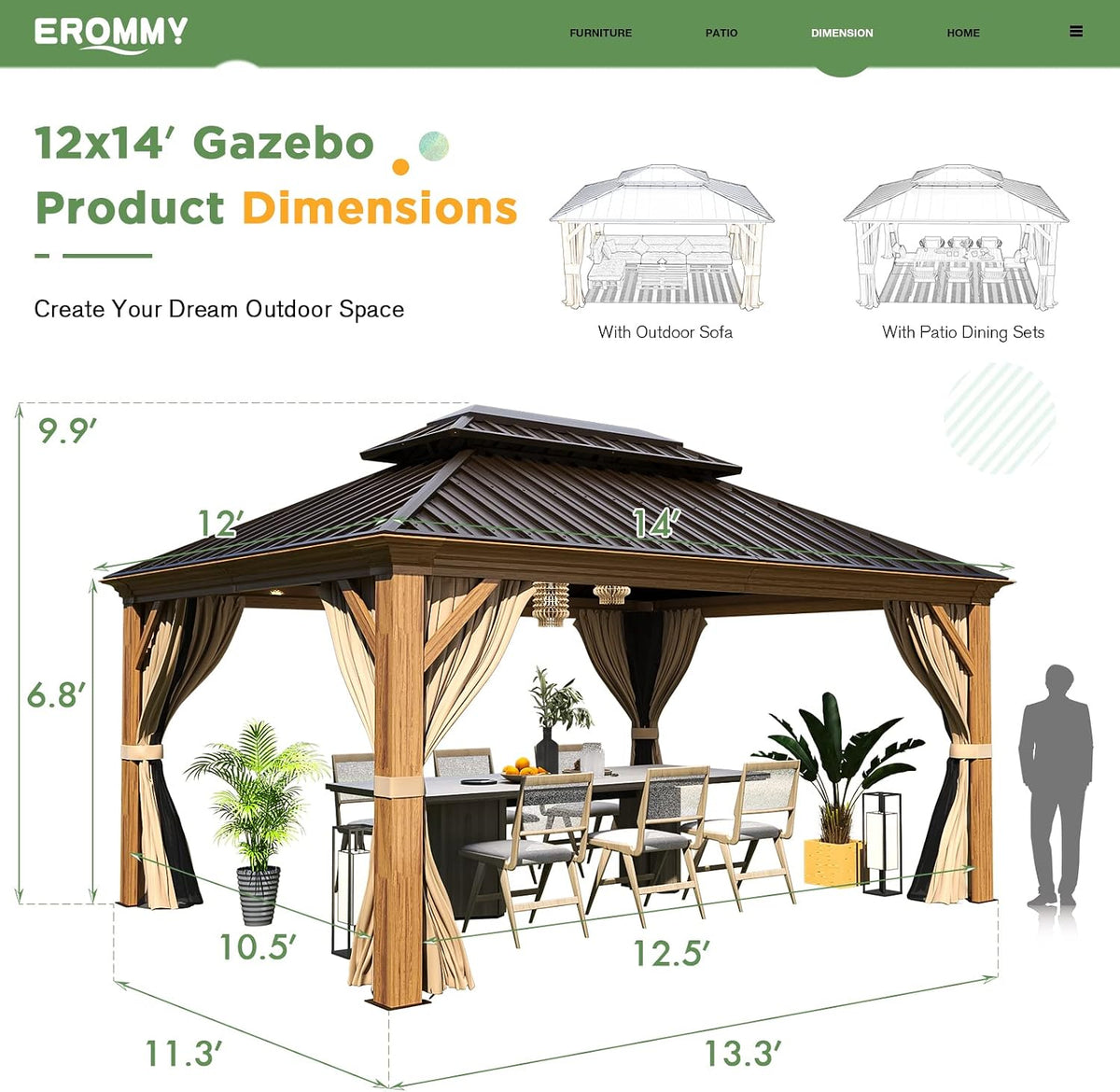 EROMMY 12' x 14' Gazebo, Wooden Finish Coated Aluminum Frame Canopy with Double Galvanized Steel Hardtop Roof, Outdoor Permanent Metal Pavilion with Curtains and Nettings for Patio, Backyard and Deck