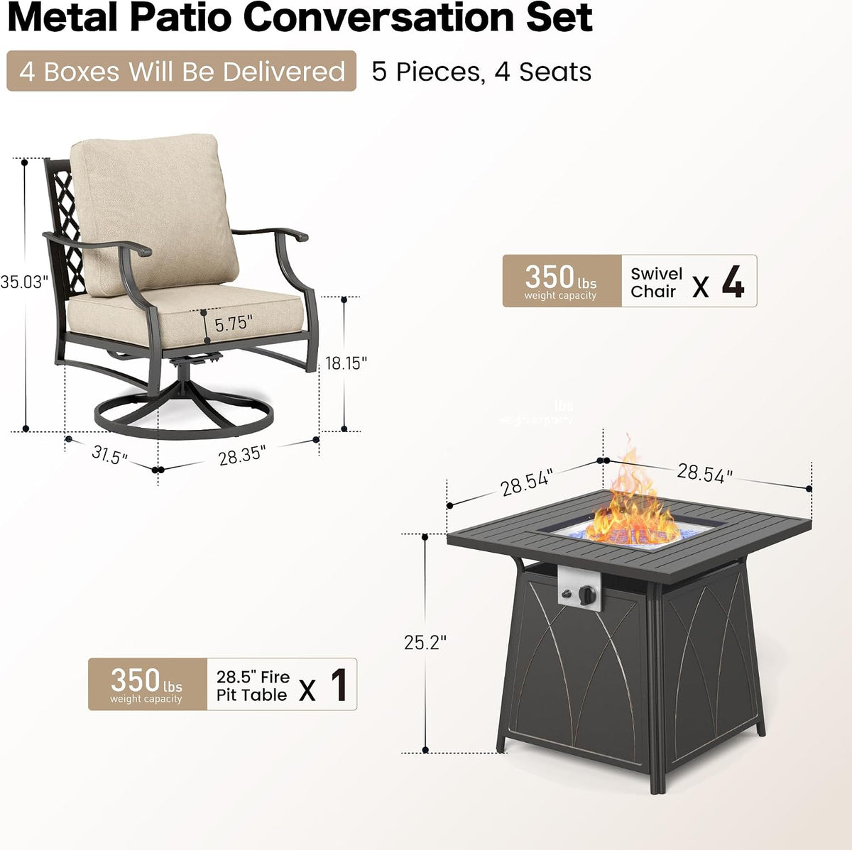 SUNSHINE VALLEY Patio Furniture Set with Firepit Table, 5 Piece Metal Outdoor Patio Furniture set for 4, 4 Swivel Chairs with 5.75' Extra Thick Cushion and Gas Firepit Table for Backyard Poolside Deck