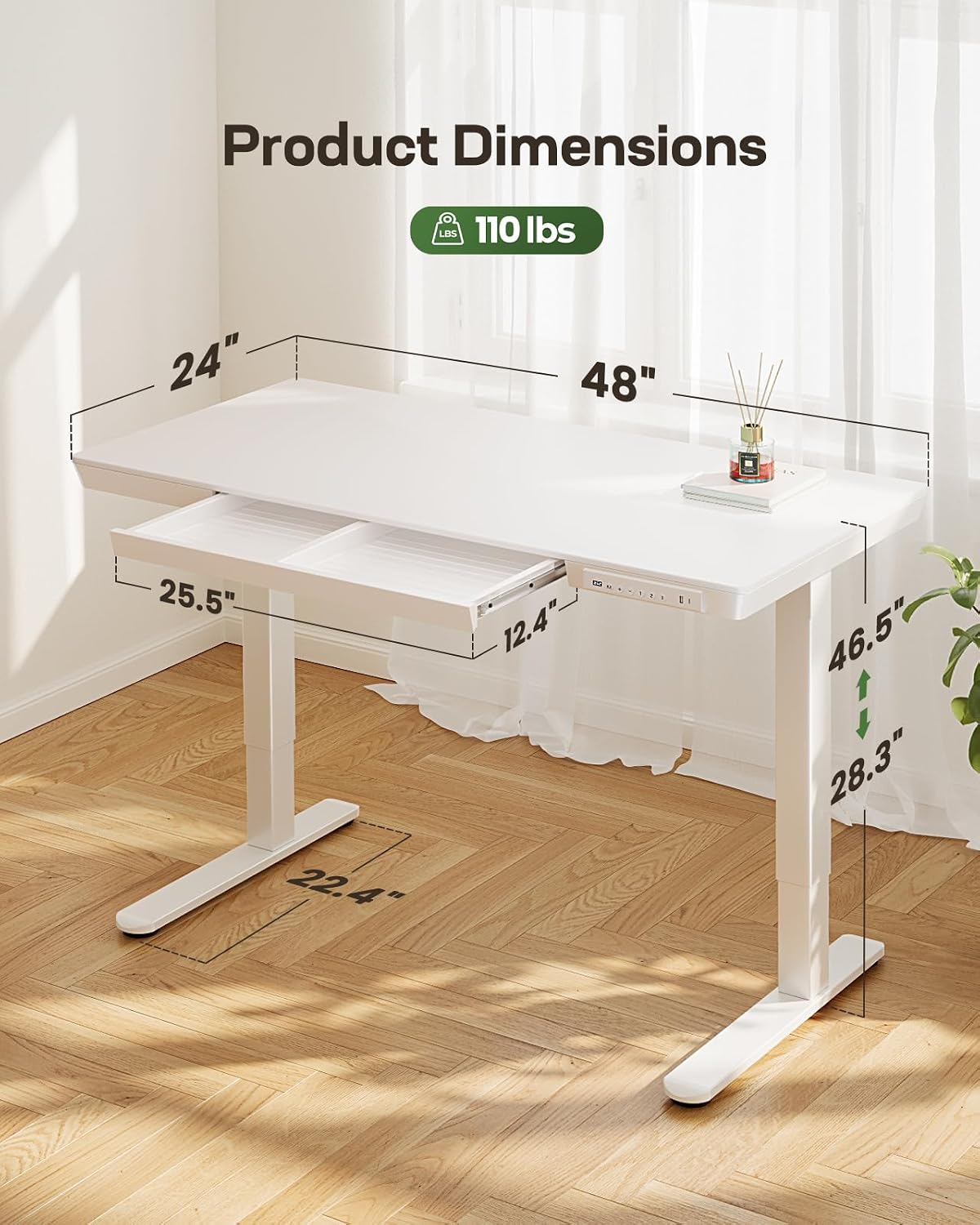 Marsail Electric Standing Desk with Drawers,48 x 24 inch Height Adjustable Standing Desk, Whole-Piece Table with Storage & USB Charging Ports, Small Computer Desk for Home Office White