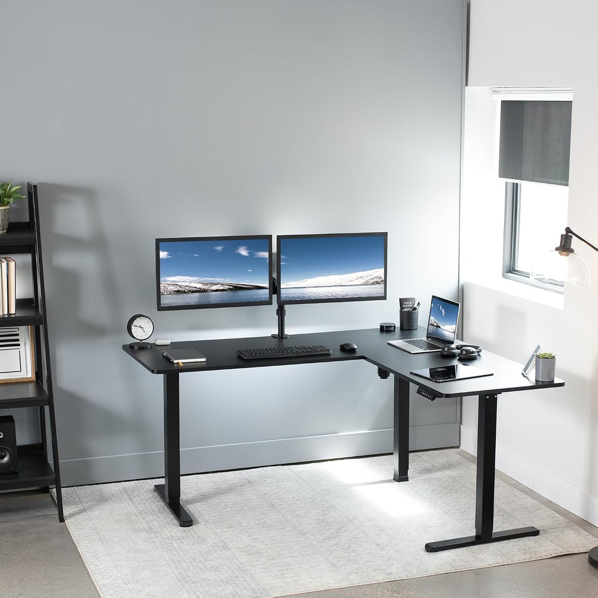 VIVO Corner Standing Desk, 63 x 55 inch Reversible L-Shaped Workstation, Electric Height Adjustment, Home, Office, and Reception Rooms, Black Table Top Black Frame, DESK-E3CTB