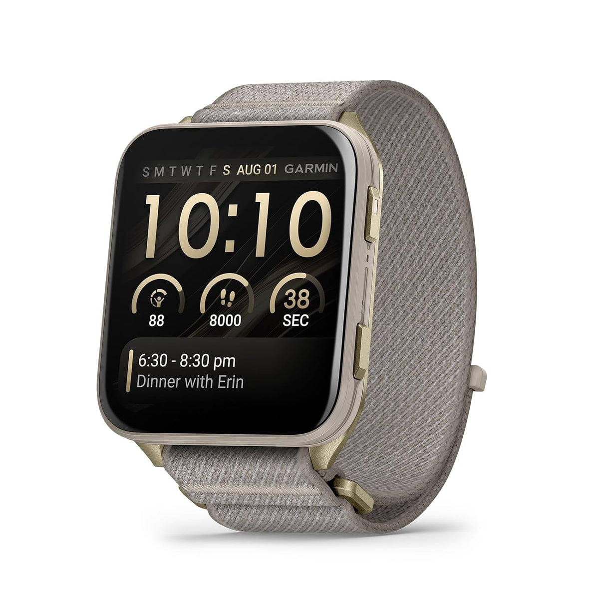 Garmin® Venu® X1, Thin and Lightweight GPS Smartwatch, AMOLED Display, Advanced Health and Fitness Features, Soft Gold with Titanium Caseback and French Gray ComfortFit Nylon Band