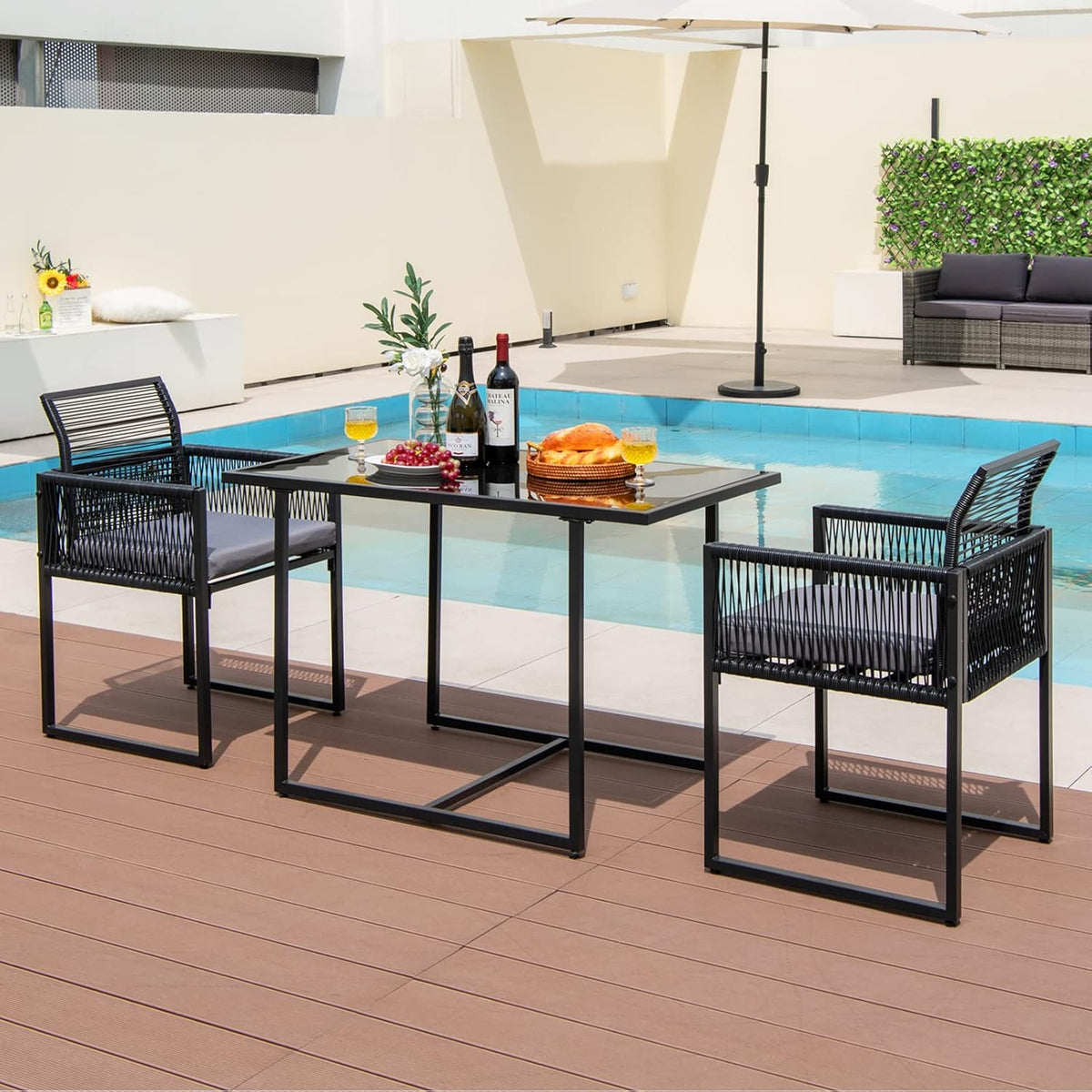 DORTALA Wicker Outdoor Bistro Set 3 Piece, Small Patio Furniture Dining Set with with Cushions, Tempered Glass Tabletop, All- Weather Table and Chairs for Backyard, Balcony, Poolside, Black+Grey