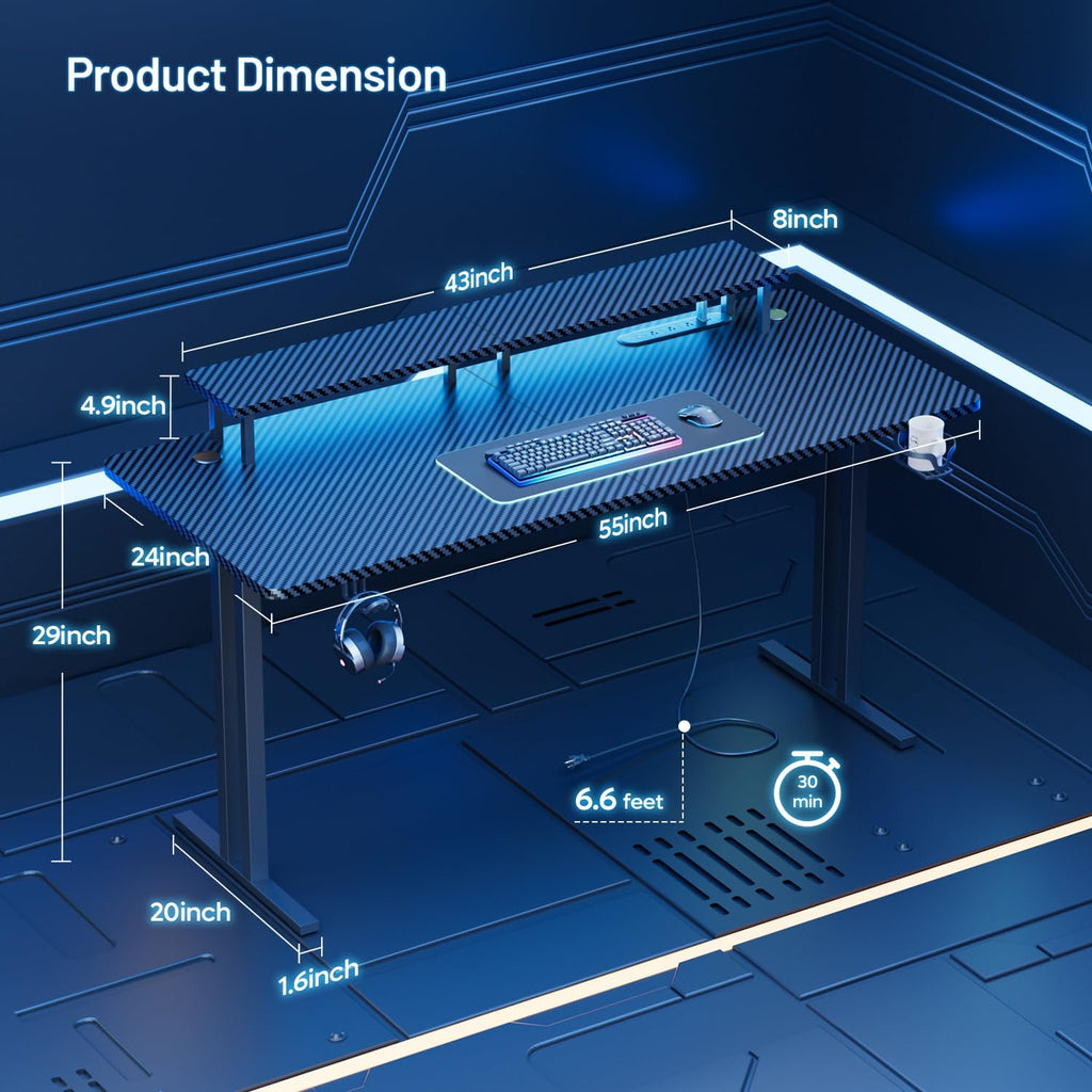HLDIRECT 55 Inch Gaming Desk with 5 Sockets & LED Lights, Computer Gamer Desk with Monitor Stand, Ergonomic Carbon Fiber Gaming Table Home Office Desk with Cup Holder, Headphone Hook & Mouse Pad
