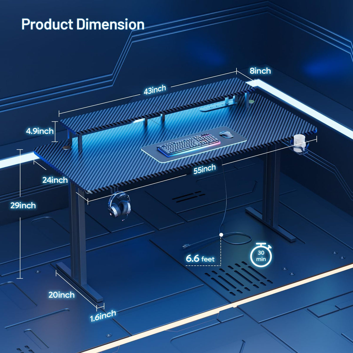 HLDIRECT 55 Inch Gaming Desk with 5 Sockets & LED Lights, Computer Gamer Desk with Monitor Stand, Ergonomic Carbon Fiber Gaming Table Home Office Desk with Cup Holder, Headphone Hook & Mouse Pad