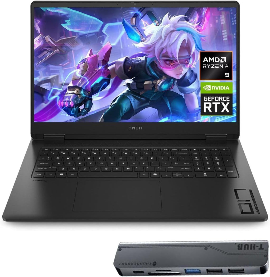 HP OMEN 17.3 RTX 5070 AI Gaming Laptop, 17.3' FHD 144Hz, AMD Ryzen AI 9 365, 64GB DDR5 RAM, 2TB SSD, RGB Backlit KB, Low Blue Light, Bundle with Thunderobot 7 in-1 USB-C Hub, Windows 11 Pro