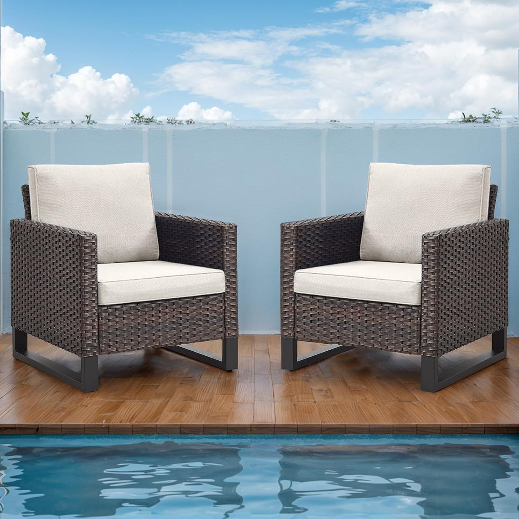 Rilyson Luxury Wicker Outdoor Patio Chairs Set of 2-Classic Rattan Chairs Water Resistant,Comfortable Cushions and Sturdy Metal Frame for Outside Porch Deck Backyard(Brown/Blue)