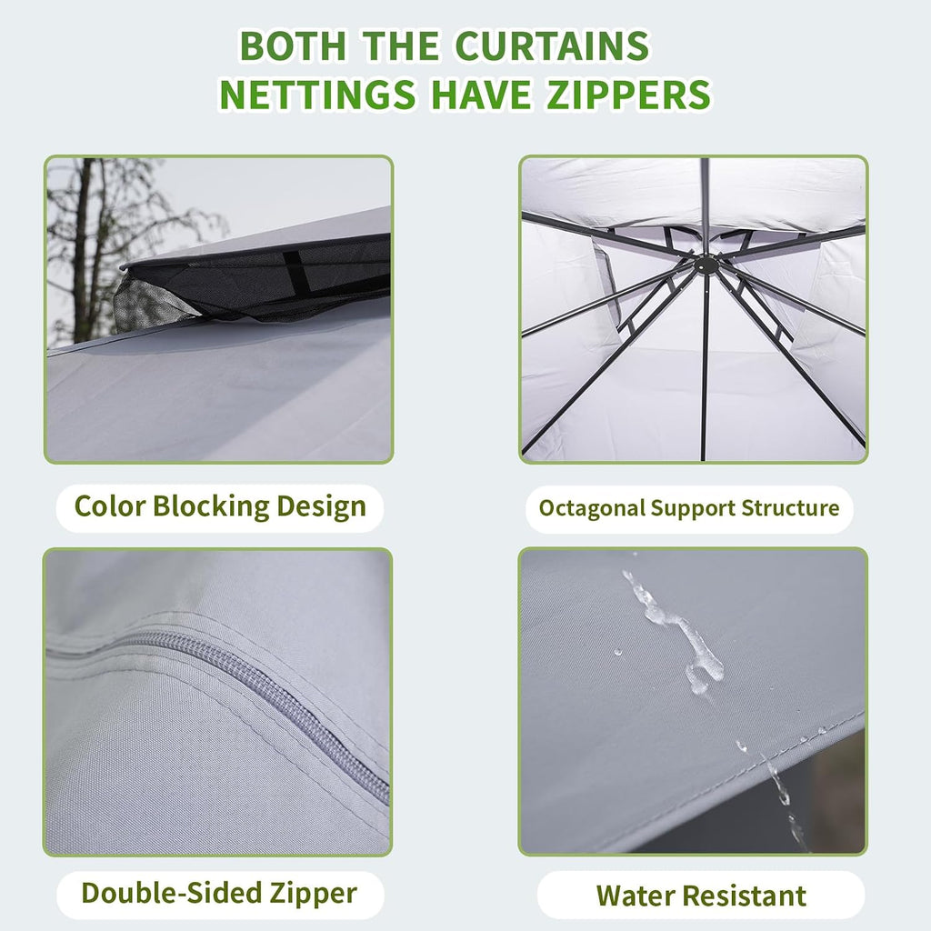 10'X10' Outdoor Patio Gazebo - Double Roofs Party Tent Gazebos with Mosquito Net and Privacy Screens Heavy Duty Steel for Backyard, Garden, Deck - Grey