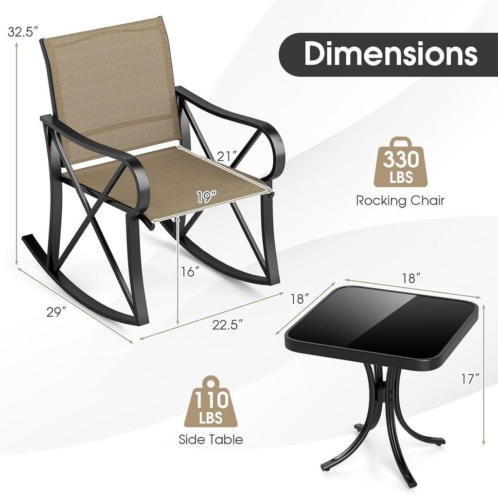 HAPPYGRILL 3-Piece Patio Rocking Bistro Set Rocker Chairs Set with Side Table, Outdoor Conversation Furniture Set with Metal Frame for Porch, Garden, Backyard, Balcony (Brown)