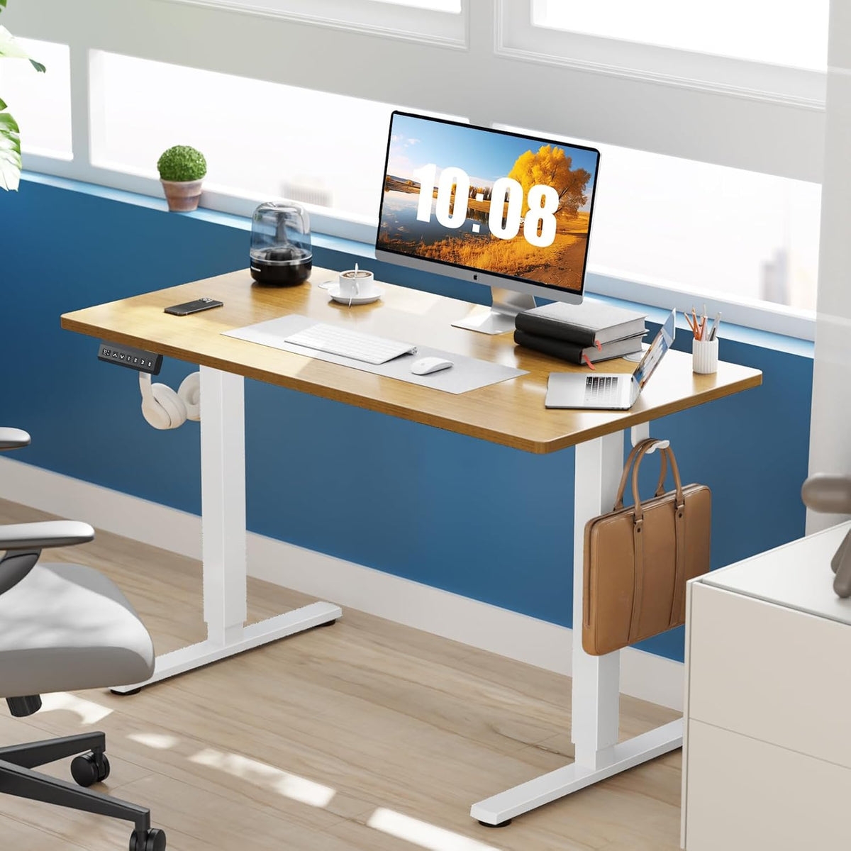 Sweetcrispy Electric Standing Desk Adjustable Height, 55x24 Inch Sit Stand Up Home Office Desks Computer Workstation PC Work Table with 3 Memory Preset Splice Wood Board Metal Frame, Oak