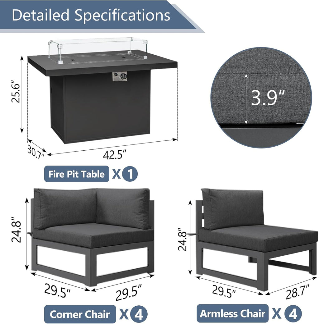 RADIATA 9 Pcs Modern Aluminum Outdoor Patio Furniture Set with Fire Pit Table Propane/Gas, Extra Large All-Weather Modular Sectional Couch, 29' Wide Deep Seating Conversation Sofa for Deck, Dark Grey