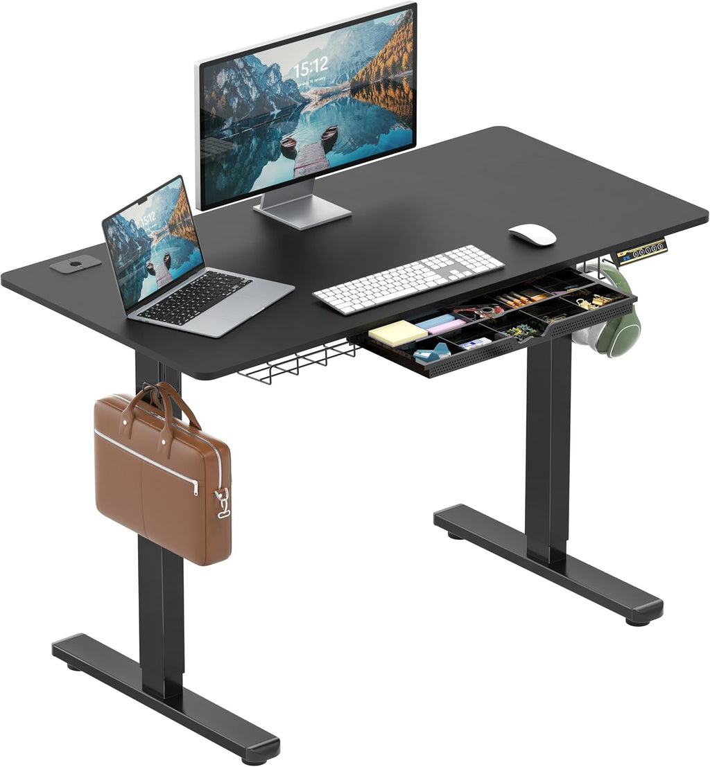 SHW 48-Inch Electric Height Adjustable Standing Desk with Drawer, Memory Preset and Cable Management Tray, Black
