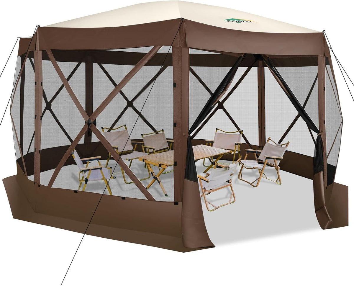 COBIZI 15x15FT Pop Up Gazebo Screen Tent Screen House for Camping, Screen Room with Mosquito Netting, Hub Tent Instant Screened Canopy with Carrying Bag and Ground Stakes, Brown