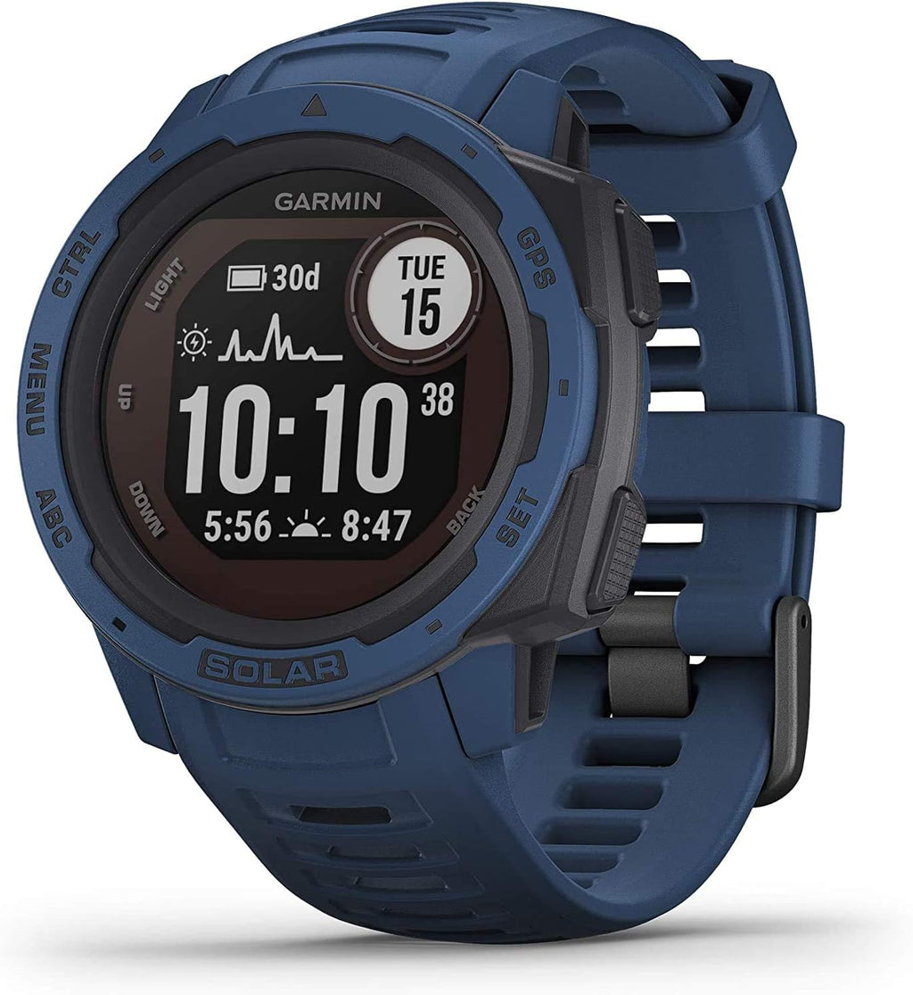 Garmin Instinct Solar, Solar-Powered Rugged Outdoor Smartwatch, Built-in Sports Apps and Health Monitoring, Dark Blue