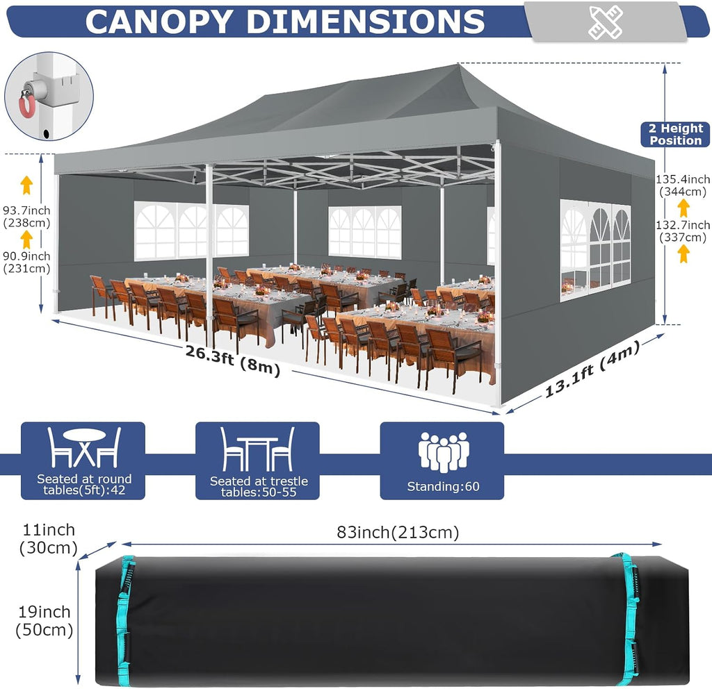 COBIZI 13x26 Heavy Duty Pop Up Canopy Tent with 6 Sidewalls Thicken Frame, Commercial Easy Up Outdoor Wedding Party Tents, All Season Waterproof Windproof with Stakes Sandbags Ropes Roller Bag, Gray