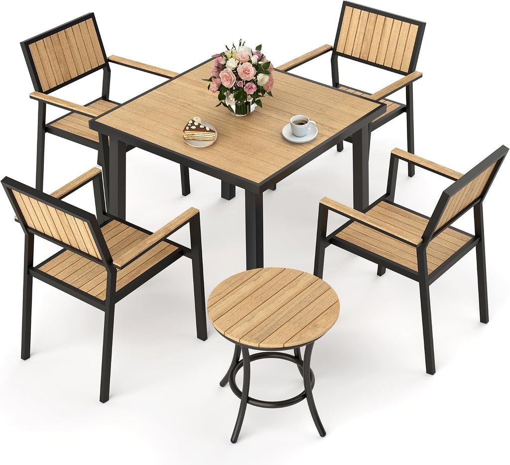 6-Piece Patio Dining Set, Outdoor Weather Resistant Plastic-Wood Table & 4 Stackable Chairs, Outdoor Durable Aluminum Frame Furniture for Garden, Poolside, Backyard (Teak, 6 PCS)