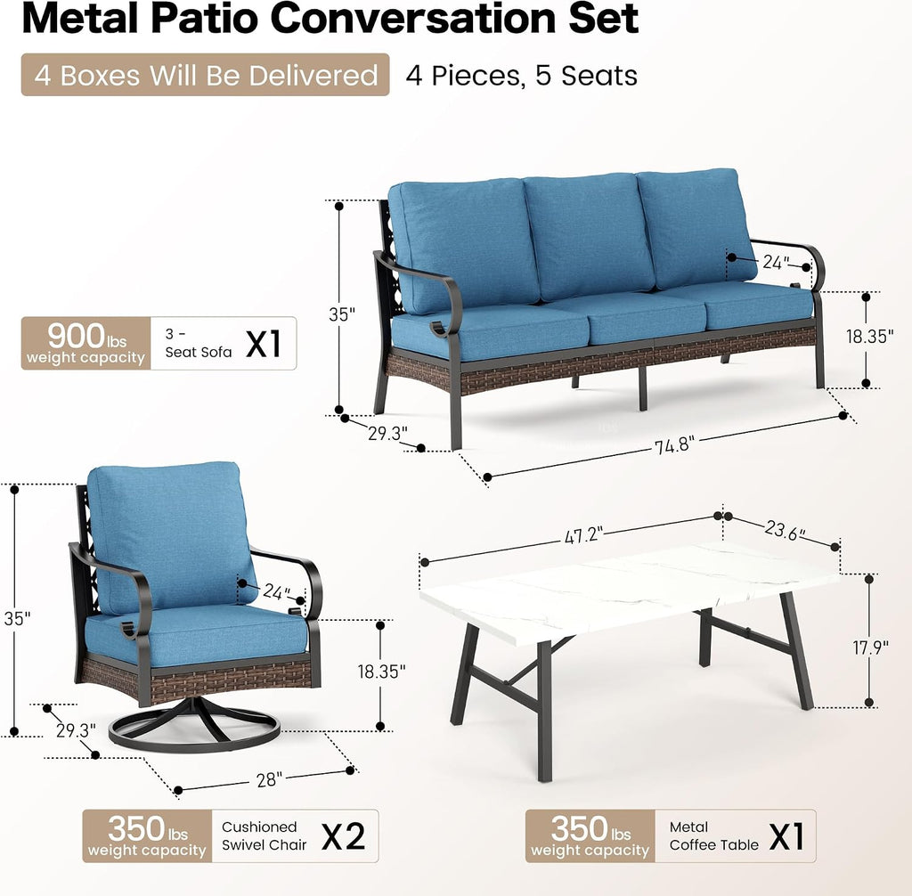 SUNSHINE VALLEY 5 PCS Metal Outdoor Patio Furniture Set, Patio Conversation Sets 1 3-Seater Sofa, 2 Swivel Chairs with 5.75' Extra Thick Cushion & Coffee Table, Black Backyard Furniture, Denim Blue