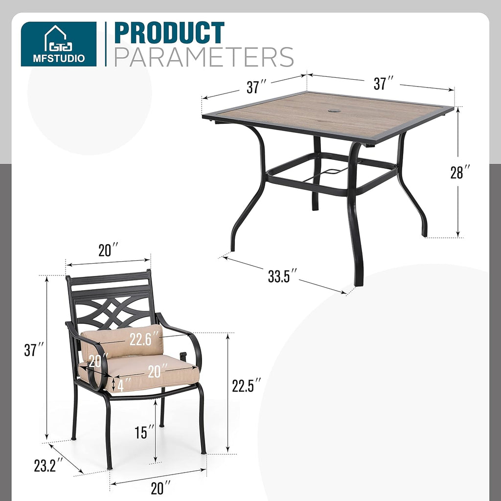 MFSTUDIO Patio Table and Chairs Set of 4, Patio Dining Sets for 4 with Umbrella Hole, Outdoor Dining Set for Deck, Poolside, Backyard, Garden