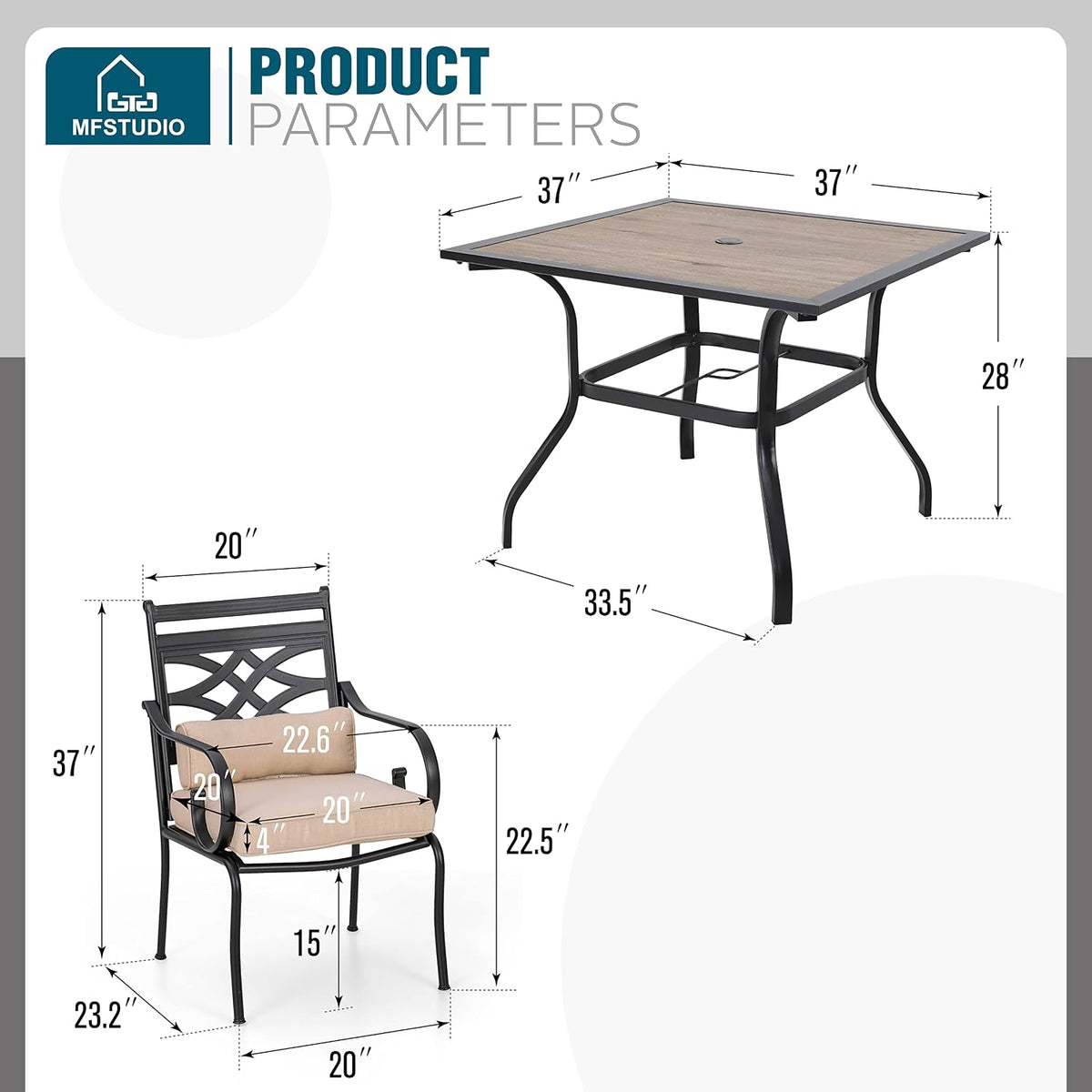 MFSTUDIO Patio Table and Chairs Set of 4, Patio Dining Sets for 4 with Umbrella Hole, Outdoor Dining Set for Deck, Poolside, Backyard, Garden