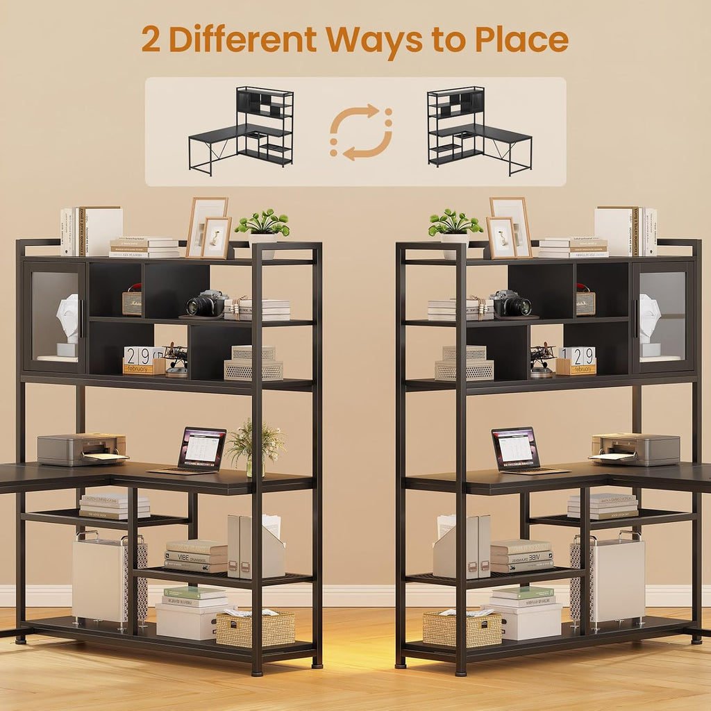 SEDETA L Shaped Computer Desk, 58'' Office Desk with LED Light and Bookshelf, L Shaped Corner Desk with Storage Shelves for Home Office, Gaming Desk, L Desk, Black