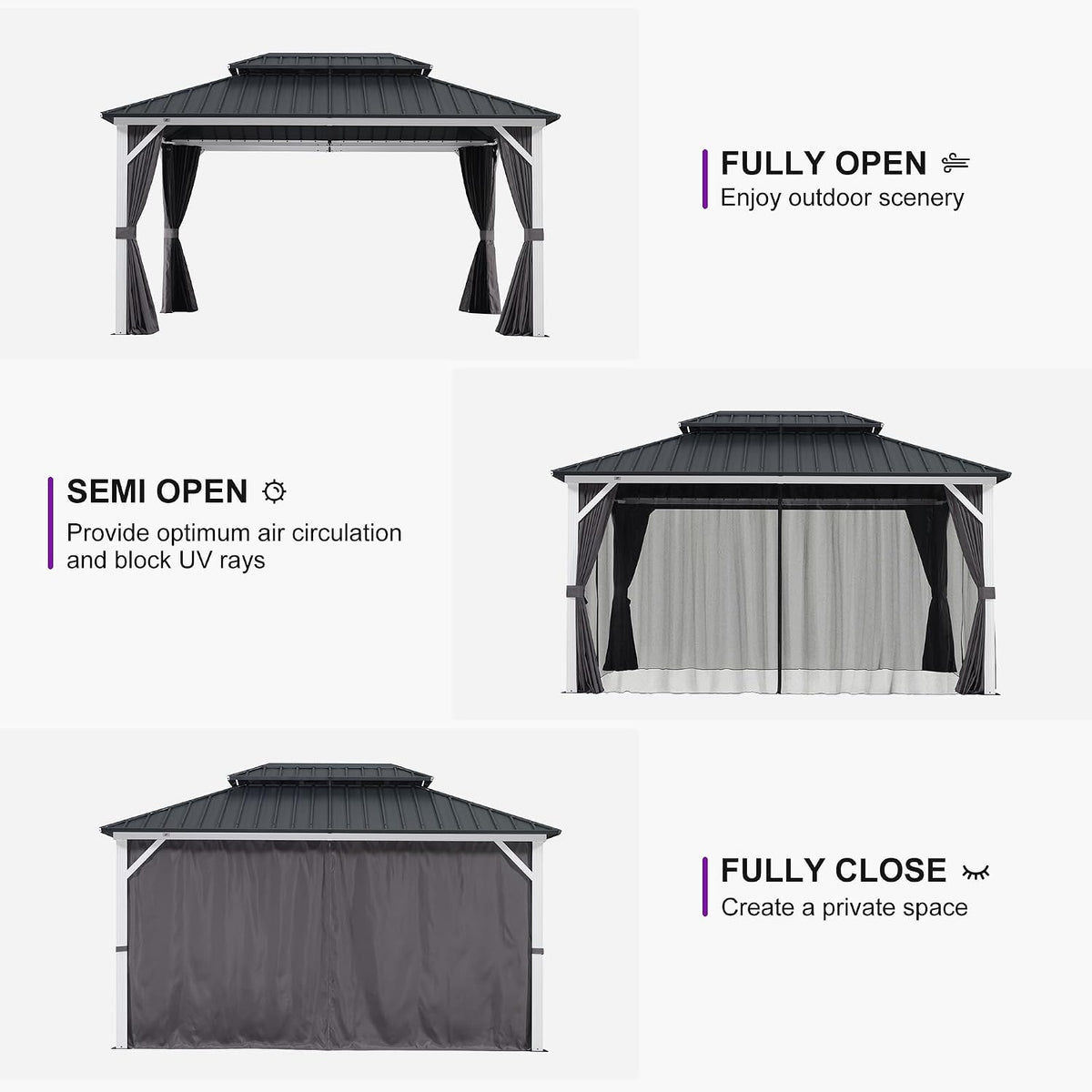 PURPLE LEAF 12' X 14' Hardtop Gazebo Metal Double Roof White Aluminum Frame Outdoor Heavy Duty Gazebo with Curtain and Netting for Patio Garden and Backyard, Grey