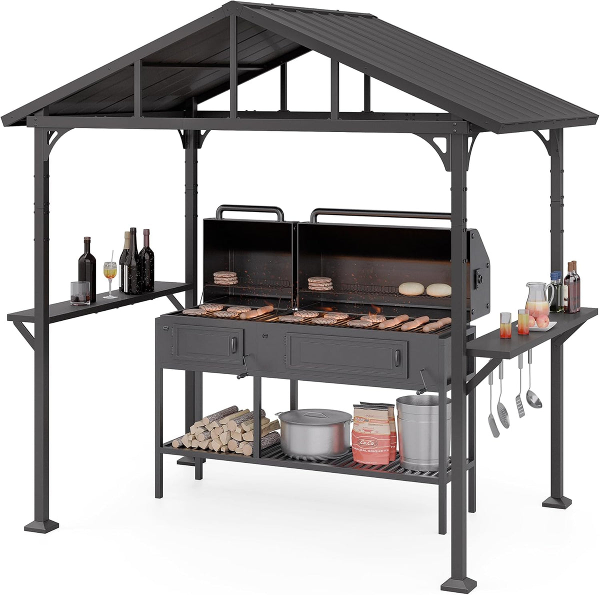 Kurapika 8' x 5' Hardtop BBQ Grill Outdoor Gazebo,Waterproof Sloping Roof, Bar with Tool Hooks, Smoke-Venting Iron Canopy for Patio, Yard,Garden, Family Party