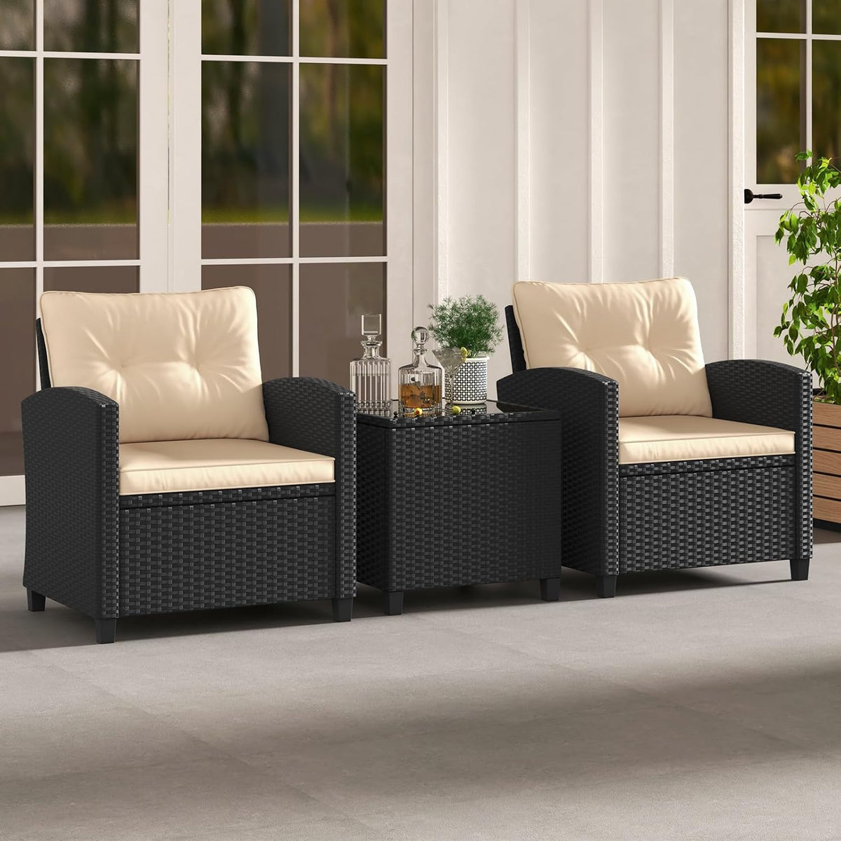 HAPPYGRILL 3 Pieces Wicker Patio Conversation Set, PE Rattan Bistro Sofa Set with Tempered Glass Coffee Table, Washable Cushions, Outdoor Furniture Set for Garden Poolside Balcony (Beige)