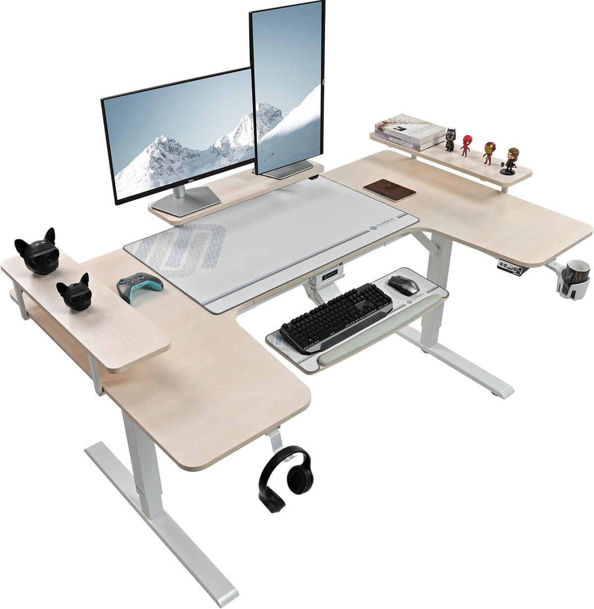 EUREKA ERGONOMIC Gaming Standing Desk with Keyboard Tray,74' U Shaped Studio Desk for Recording&Live,Electric Height Adjustable Desk w LED Convertible Shelves,Maple