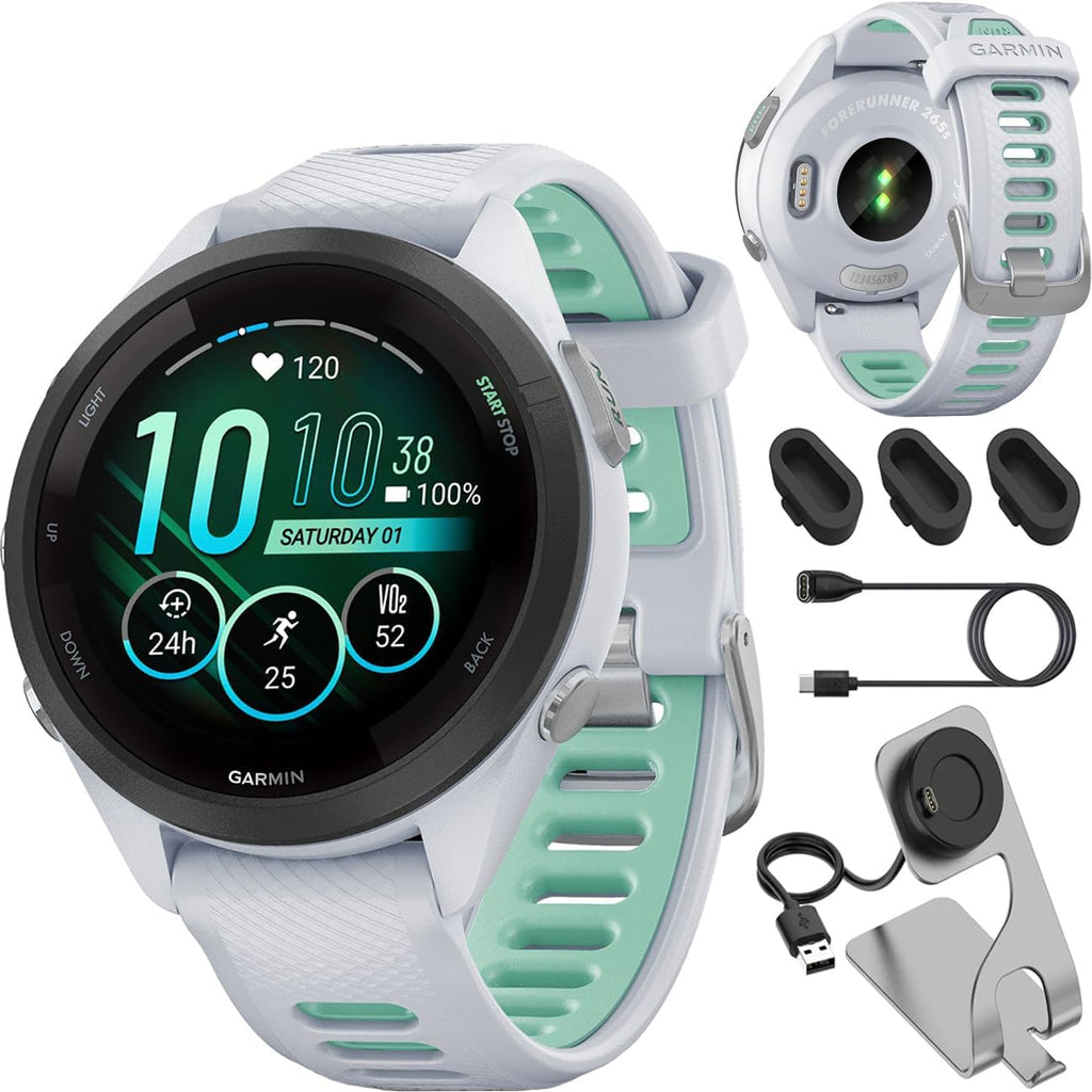 Garmin 010-02810-04 Forerunner 265S GPS Smartwatch Whitestone/Neo Tropic Bundle with Deco Essentials Charging Dock, Silicone Dust Cover 3 Pack and USB Type C Charging Cable