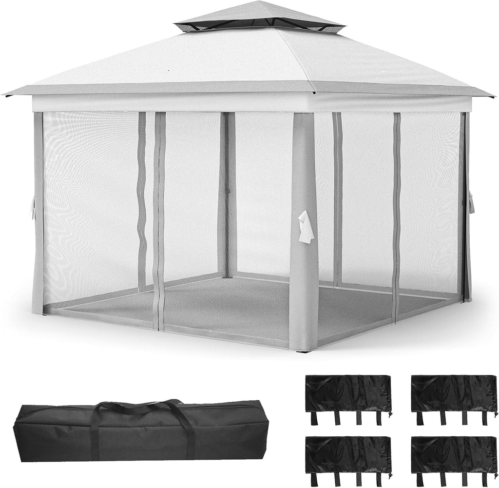 Garvee 11x11 ft Outdoor Gazebo, Heavy Duty Gazebo with Sturdy Metal Frame & Double Roofs, Patio Shelter with Mosquito Netting, Ideal for Backyard, Garden, Lawn, Deck, Light Grey