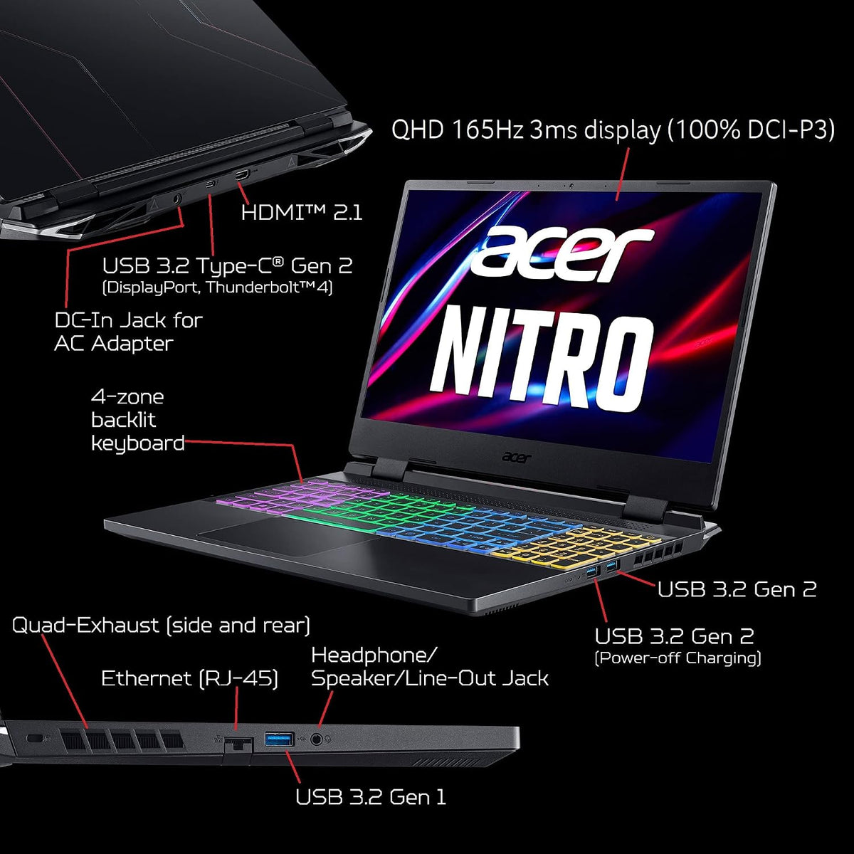Acer Nitro 5 AN515-58-7583 Gaming Laptop | Intel Core i7-12700H | NVIDIA GeForce RTX 3070 Ti Laptop GPU | 15.6' QHD 165Hz 3ms IPS Display | 16GB DDR4 | 2TB SSD in RAID 0 | Killer WiFi 6 | RGB Keyboard