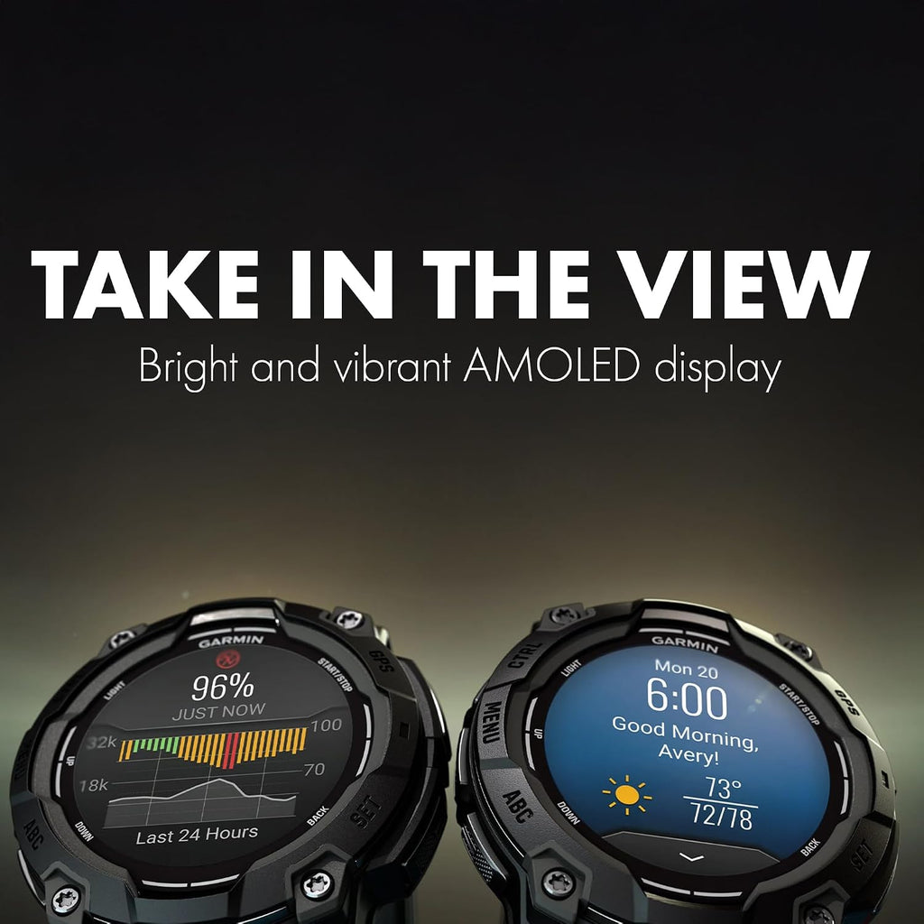 Garmin Instinct 3 Rugged GPS Smartwatch, 50 mm AMOLED Display, Multi-Band GPS with SatIQ, Built-in Flashlight, 24 Days Battery Life, Outdoor Sports and Navigation Features Supernova Collection Bundle