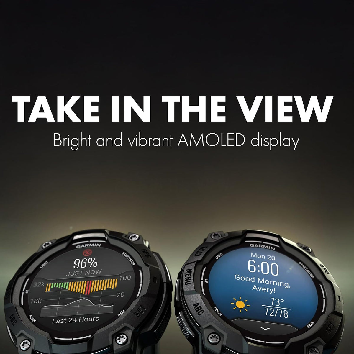 Garmin Instinct 3 Rugged GPS Smartwatch, 50 mm AMOLED Display, Multi-Band GPS with SatIQ, Built-in Flashlight, 24 Days Battery Life, Outdoor Sports and Navigation Features Supernova Collection Bundle